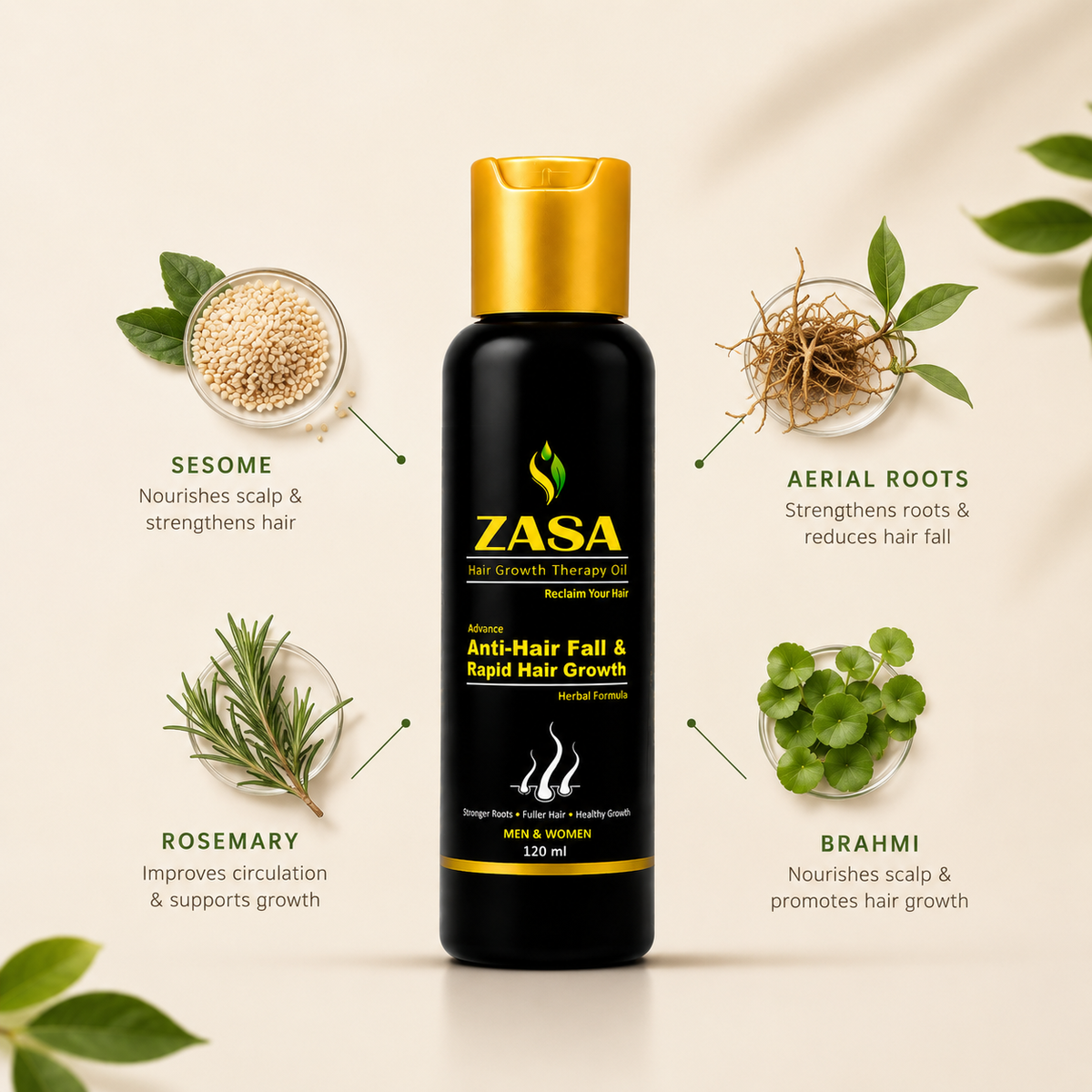 ZASA Herbal Hair Oil – Anti Hair Fall & Rapid Hair Growth Formula for Men & Women | Herbal Hair Care Oil